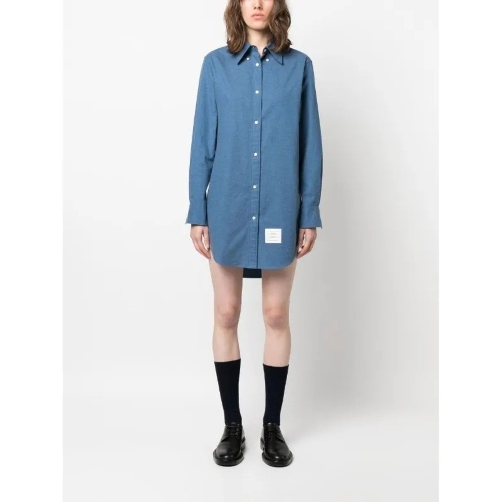 Thom Browne Logo Patch Shirt Dress Button Front Made in Italy Womens